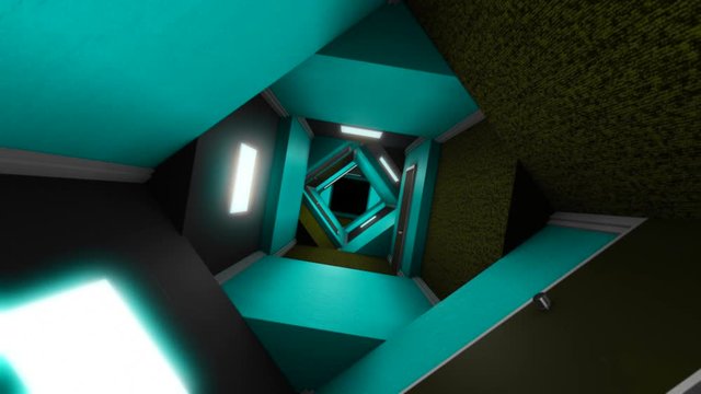 Rotating psychedelic modern interior of the hall. Animation. Flying through spinning corridor with moving walls of turquoise color, 3D visual illusion.