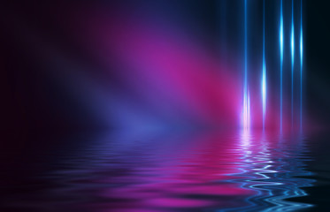 Dark abstract background. Reflection of neon figures on the water, smoke, fog.