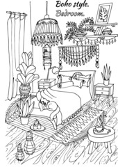 Coloring the interior of the bedroom "My cozy home" in a bohemian or ethnic style with decorative elements