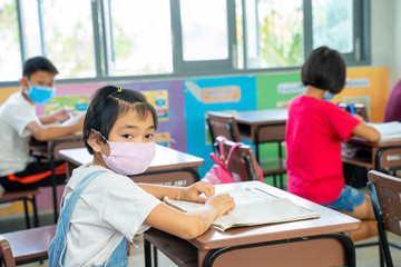 Group of asian children wearing protective mask to Protect Against Covid-19 sitting at desk in classroom,Elementary school,Social Distancing,Coronavirus has turned into a global emergency.