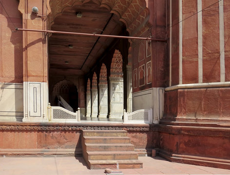 One of the side entrances to the cathedral mosque Jama Masjid. Delhi, India.