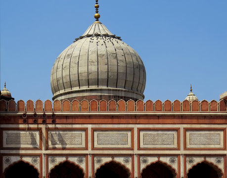 One of the domes of the cathedral mosque Jama Masjit against the sky. Delhi, India.