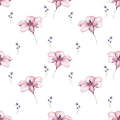 Seamless pink flower pattern background. Hand drawn watercolor illustration on white background.