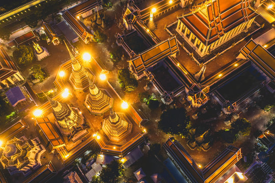 Aerial View Of Grand Palace Temple In Bangkok Thailand During Lockdown Covid Quarantine At Night