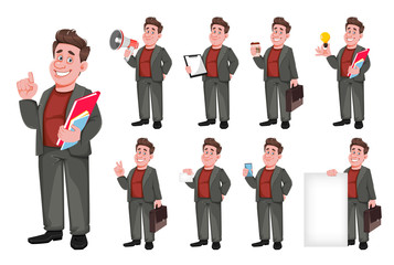 Smiling middle aged businessman, set of nine poses