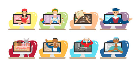 Vector illustration of different podcast channels isolated. Design of video blogs about healthy cook, cleaning, handmade, creativity, online education, storage organization, computer game and medicine