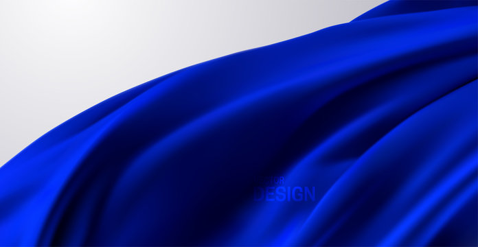 Blue silk fabric. Vector 3d illustration. Flowing blue textile. Realistic wrinkled curtain or flag. Abstract background. Decoration element for design