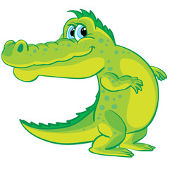 cute green crocodile character stands in a strange pose on two paws, isolated object on a white background, vector illustration,