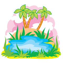 Fototapeta na wymiar oasis landscape with a lake and palm trees in the middle of the desert, isolated object on a white background, vector illustration,