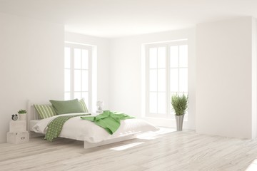 White bedroom interior. Scandinavian design. 3D illustration
