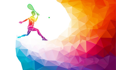 Fototapeta na wymiar Creative silhouette of female tennis player. Racquet sport vector illustration or banner template in trendy abstract colorful polygon style with rainbow back