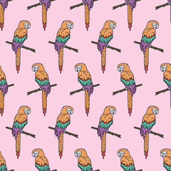 Parrots, tropical summer. Vector repeat. Great for home decor, wrapping, scrapbooking, wallpaper, gift, kids, apparel.