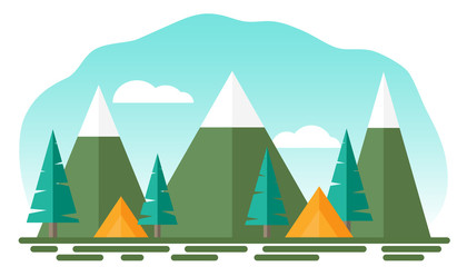 Fototapeta premium Stylized application vector image of a camping on a background of snow-capped mountains, the concept of a National Great Outdoors Month and National Recreation and Parks Month
