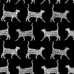 Tabby cats on black background. Vector repeat pattern. Great for home decor, wrapping, fashion, scrapbooking, wallpaper, gift, kids, apparel.