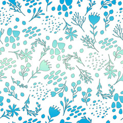 Floral seamless pattern on transparent background. Blue ornament with flowers and leaves. Abstract spring light pattern. 