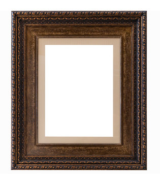 Beautiful golden picture frame vintage carved gilded border antique for interior decoration on white background, Concept gallery exhibition presentation modern building or home and living