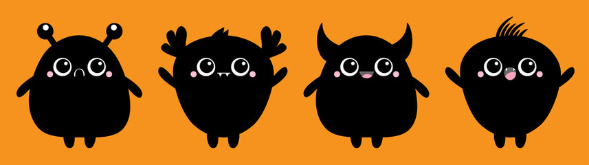 Happy Halloween. Monster set black silhouette. Baby icon. Cute cartoon kawaii scary funny character. Eyes, tooth fang, tongue, hands up. Isolated. Orange background. Flat design.