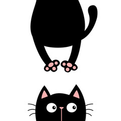 Black cat. Funny face head silhouette. Hanging fat body paw print, tail. Kawaii animal. Baby card. Notebook cover. Cute cartoon character. Pet collection. Flat. White background.
