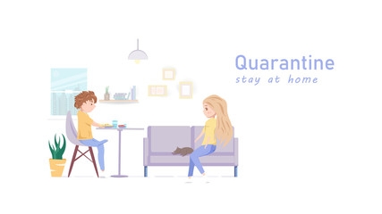 People vector, couple quarantine, stay at home, relax time, cartoon character flat design, home interior idea creative, web design