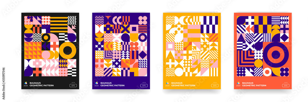 Aufkleber Abstract Bauhaus background, vector geometric pattern circle, triangle and square lines art design. Color Bauhaus Swiss pattern backgrounds, posters set