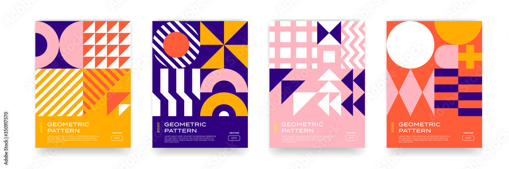 Poster Bauhaus pattern background, abstract geometric minimal vector circle, triangle and square lines art design. Bauhaus Swiss pattern background, abstract color shapes posters set