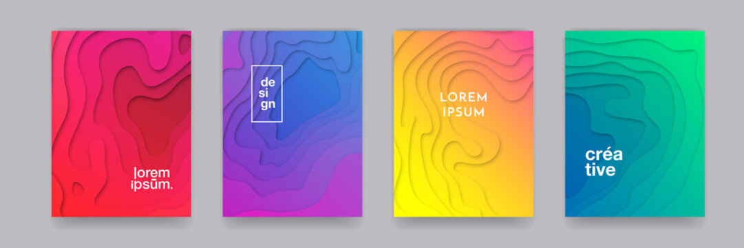 Backgrounds, abstract gradient color pattern, vector design. 3D wave shape, geometric liquid fluid flow graphic, paper cut art posters and color gradient abstract backgrounds set