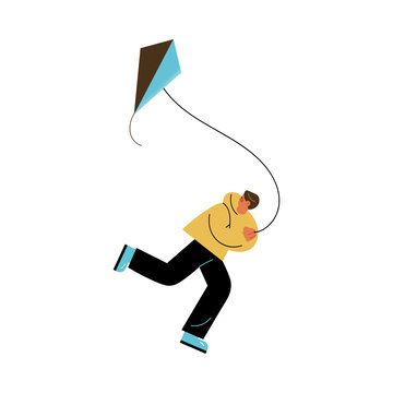 Happy man running and flying kite outdoors in summer vector illustration