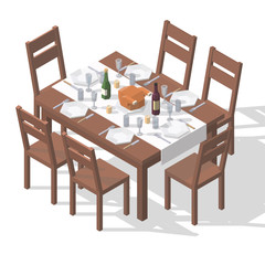 Isometric vector holiday table set for celebration. Gala dinner illustration.