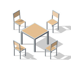 Isometric set of table and chairs. Cafe furniture flat 3d vector illustration.