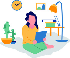 Freelance or study at home vector illustration. A woman works or stading at home with a laptop. Self-isolation of the house.	