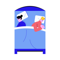Young couple sleeping together in big bed on different sides