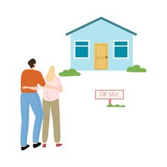 Happy young couple standing and looking at house for sale vector illustration