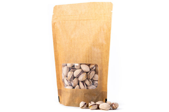 stripped paper doypack pouch filled with dry fruit, flexible packaging with window zipper on white background