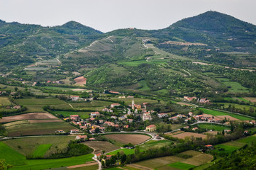 Fototapeta na wymiar Panoramic view of the fields and vineyards on the Euganean Hills, near Este, Padova, Italy.