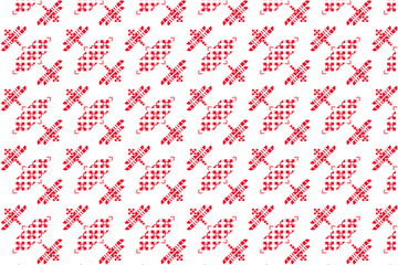 Repeating red ethnic pattern made from shaped blocks on a white background