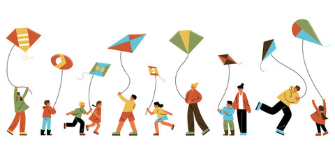 Happy people and children flying kite outdoors vector illustration