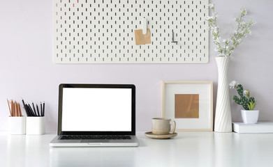 Workspace desk and laptop. copy space and blank screen. Business image, Blank screen laptop and supplies.