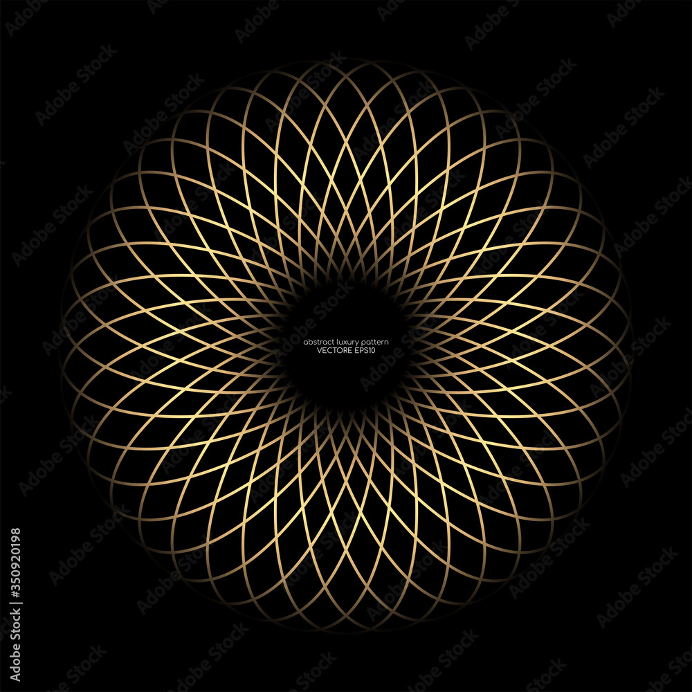 Poster abstract luxury gold lines weaving pattern in circle shape isolated on black background