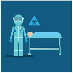 Doctor and patient infected with coronavirus. Hospital for infectious diseases, viral danger. Vector flat illustration