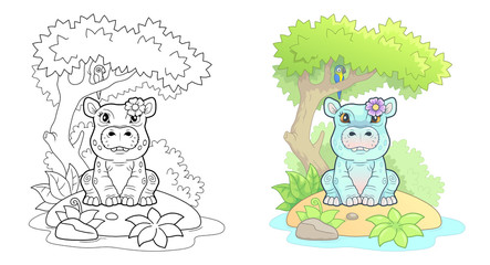 cute little hippo with a flower, funny illustration