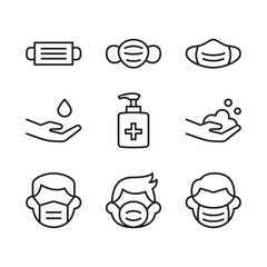 Mask protection, virus protection icon set. Contains such Icons as mask, hand sanitizer, hand wash. Suitable for website design, template, and ui. Line style design. Editable stroke.