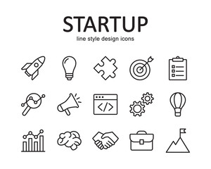 Set of startup vector icons. Contains such Icons as research, launch, marketing and more . Suitable for website design, template, and ui. Line style design.