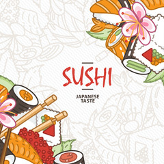 Sushi. Japanese food. Rolls with fish and caviar on eco plate, chopsticks, ginger and soy sauce. Delicious art for restaurant and bar menu, booklets or prints