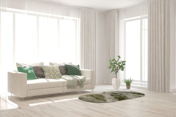Naklejka premium White living room with sofa. Scandinavian interior design. 3D illustration
