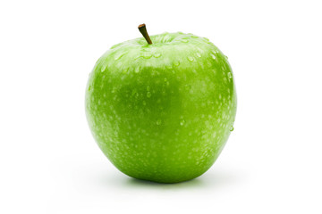 Fresh green apple with water drop on white background. Commercial image isolated with clipping path.