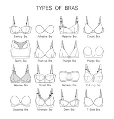 Women's underwear. Types of bras. Set of bras, black contour. - obrazy, fototapety, plakaty