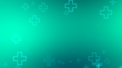 Obraz premium Medical health blue green cross neon light shapes pattern background. Abstract healthcare technology and science concept.