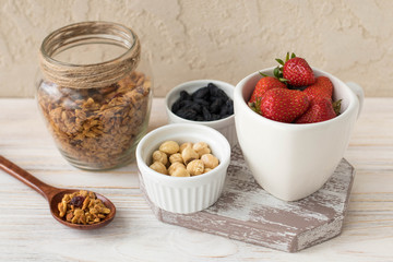 Ingredients for making delicious granola for breakfast, granola with nuts