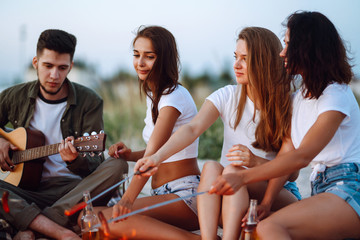 Group of young friends sitting on beach and fry sausages. One man is playing guitar. Summer holidays, vacation, relax and lifestyle consept. Camping time.