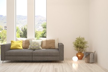 White living room with sofa and summer landscape in window. Scandinavian interior design. 3D illustration